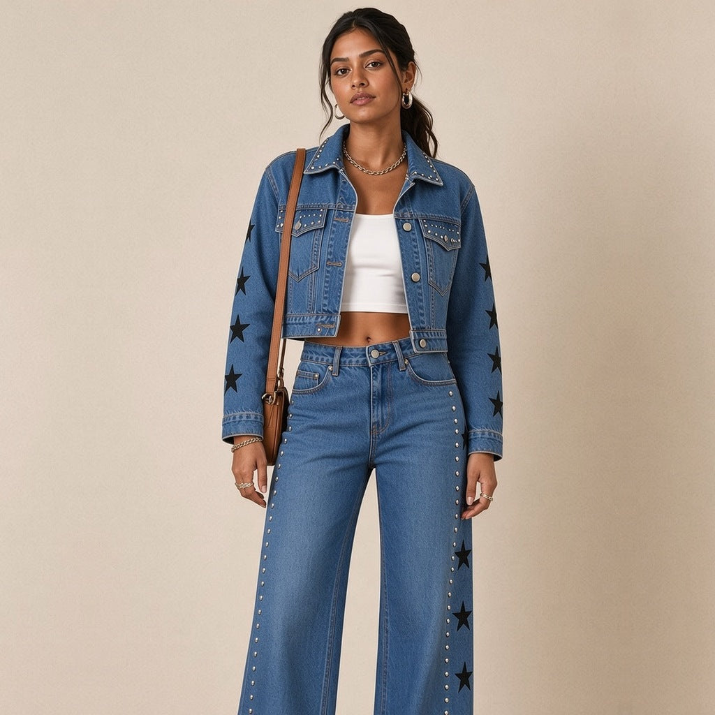 Ensemble en jean veste cloutée porté, plan jusqu'aux genoux – SAKIWÉ