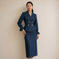 Ensemble en jean veste croisée à basque, de trois-quarts – SAKIWÉ