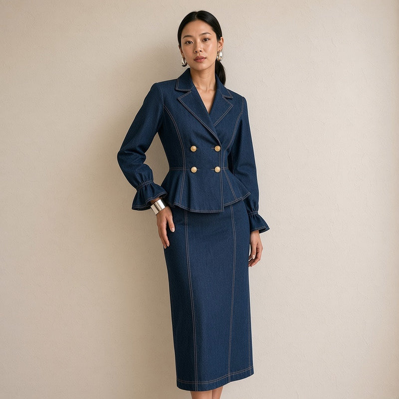 Ensemble en jean veste croisée à basque, de trois-quarts – SAKIWÉ