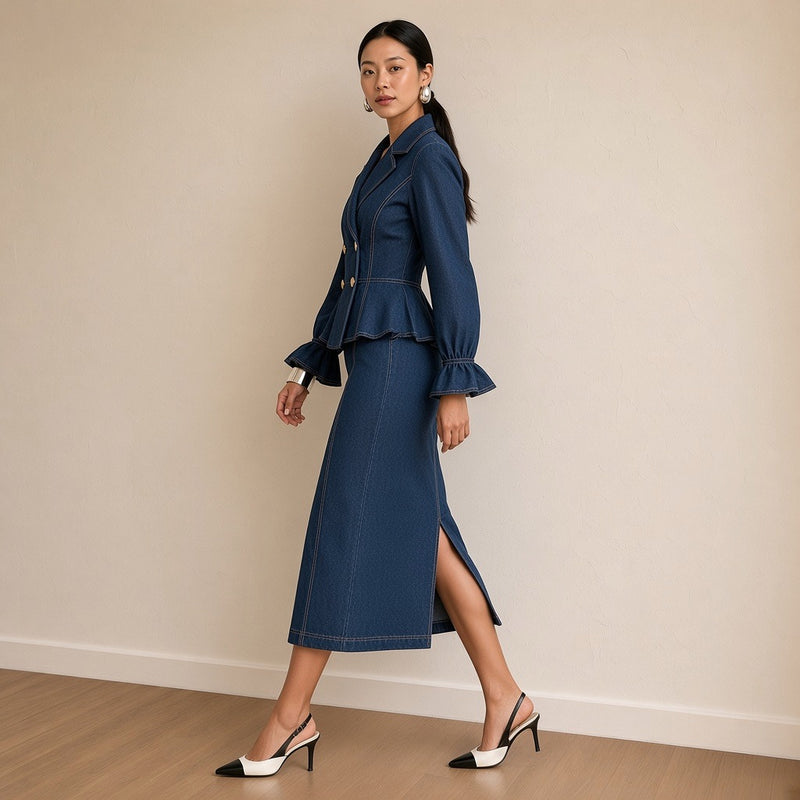 Ensemble en jean veste à basque et jupe midi, de profil en marchant – SAKIWÉ