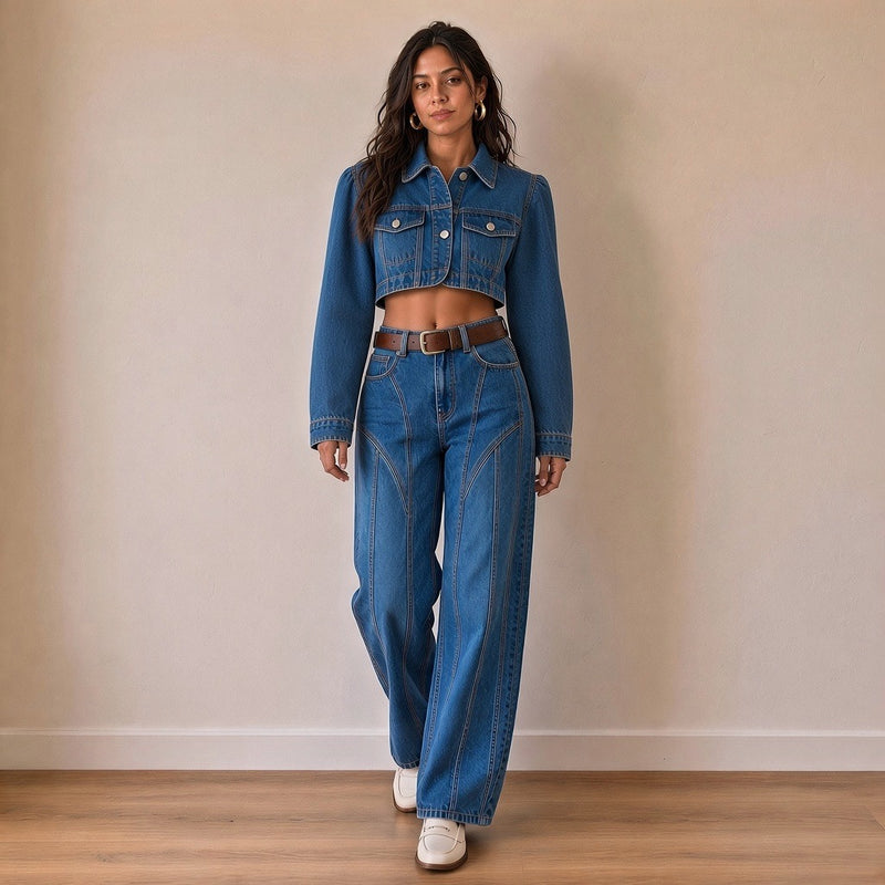 Ensemble en jean veste ultra-courte et jean large à découpes, vue de face en pied – SAKIWÉ