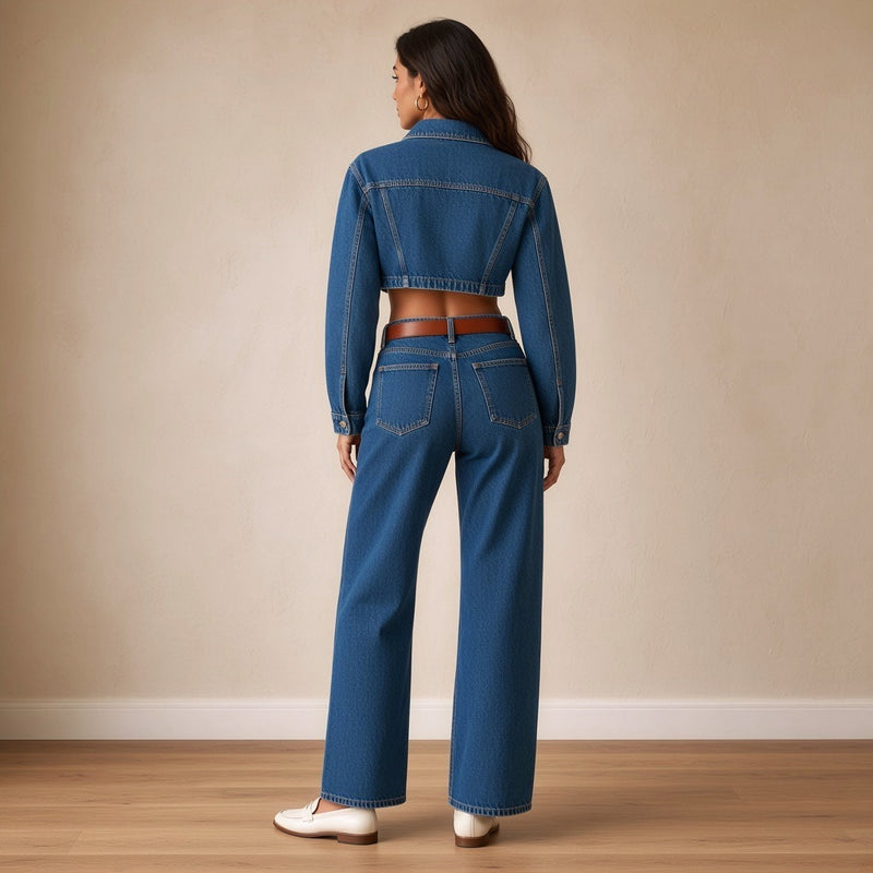 Ensemble en jean veste courte et jean large, vue de dos – SAKIWÉ
