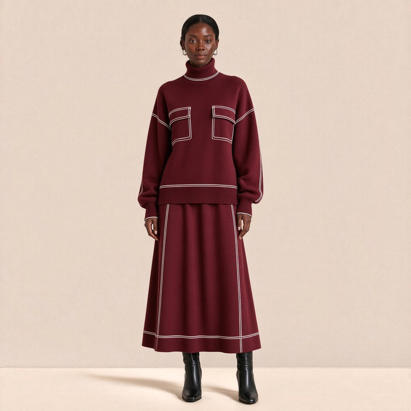 Ensemble en maille pull col roulé et jupe trapèze midi SAKIWE bordeaux, mannequin de face
