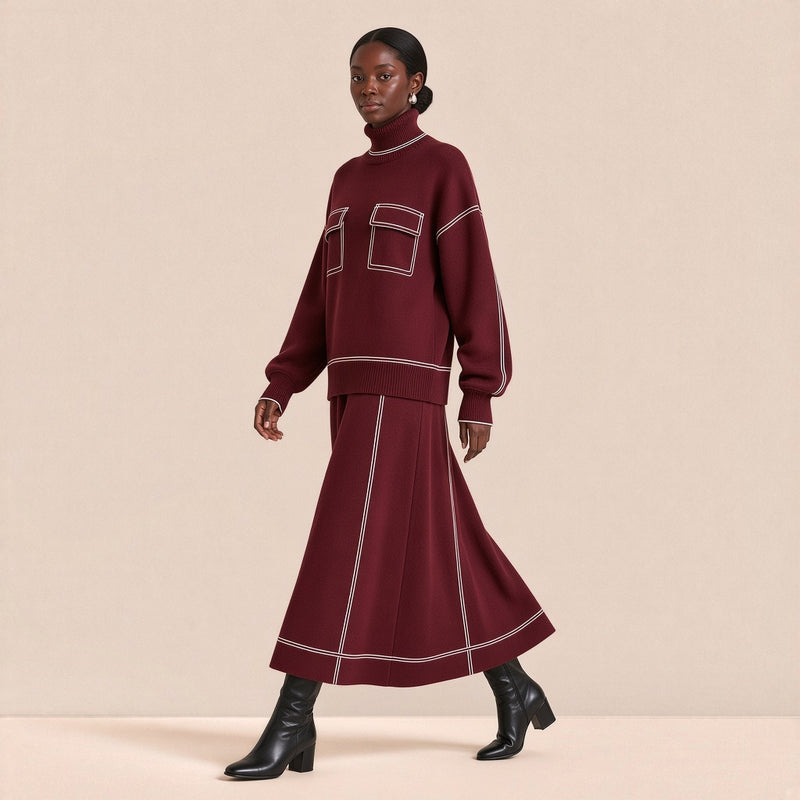 Ensemble en maille pull col roulé et jupe trapèze midi SAKIWE bordeaux, mannequin en marche