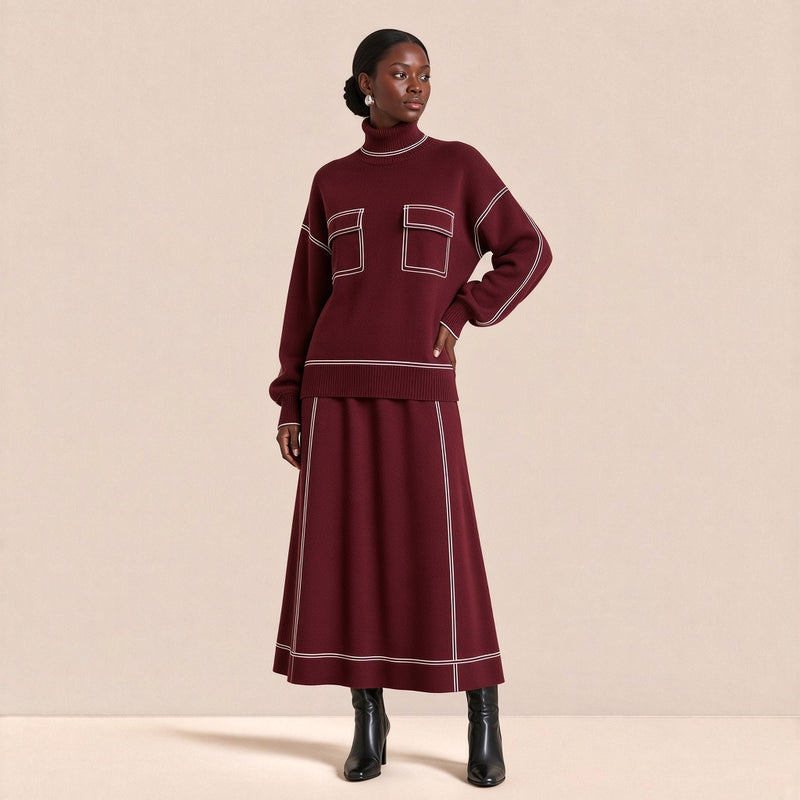 Ensemble en maille pull col roulé et jupe trapèze midi SAKIWE bordeaux, main sur la hanche