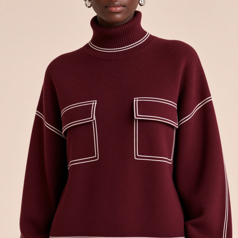 Ensemble en maille pull col roulé et jupe trapèze midi SAKIWE bordeaux, gros plan col roulé et poches à rabat