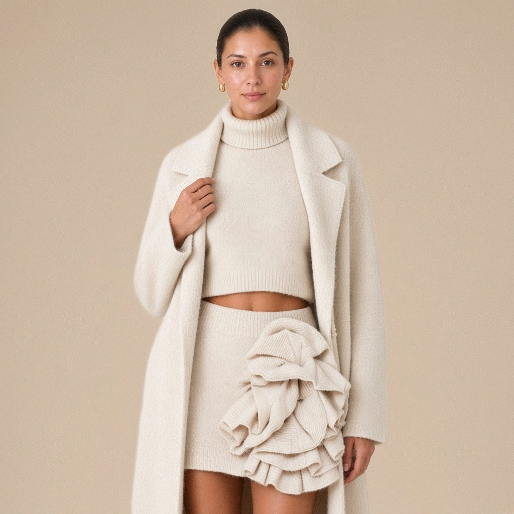 Ensemble trois pièces en maille : manteau long, col roulé et jupe à volants, beige avoine, détail du col roulé et des revers