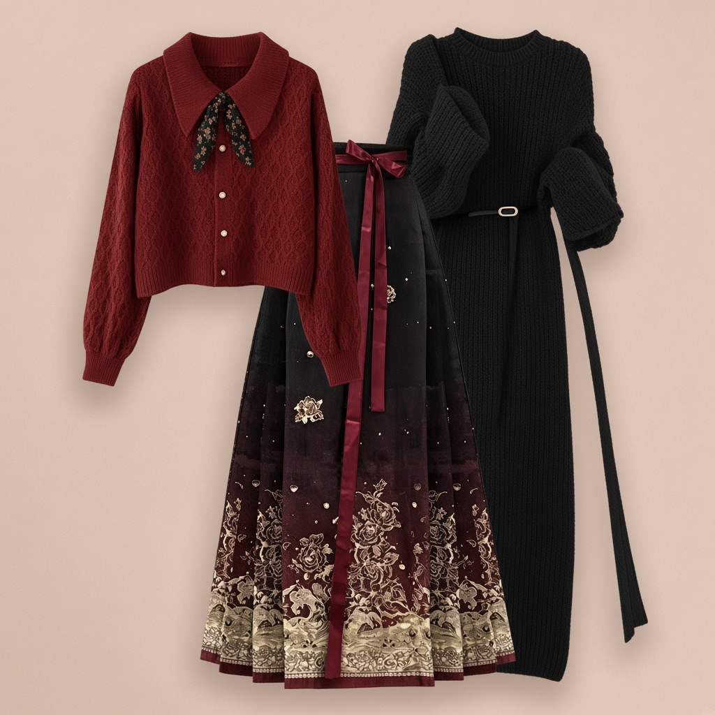 Ensemble trois pièces style chinois : cardigan à col nœud, robe-pull longue en maille et jupe plissée mamian