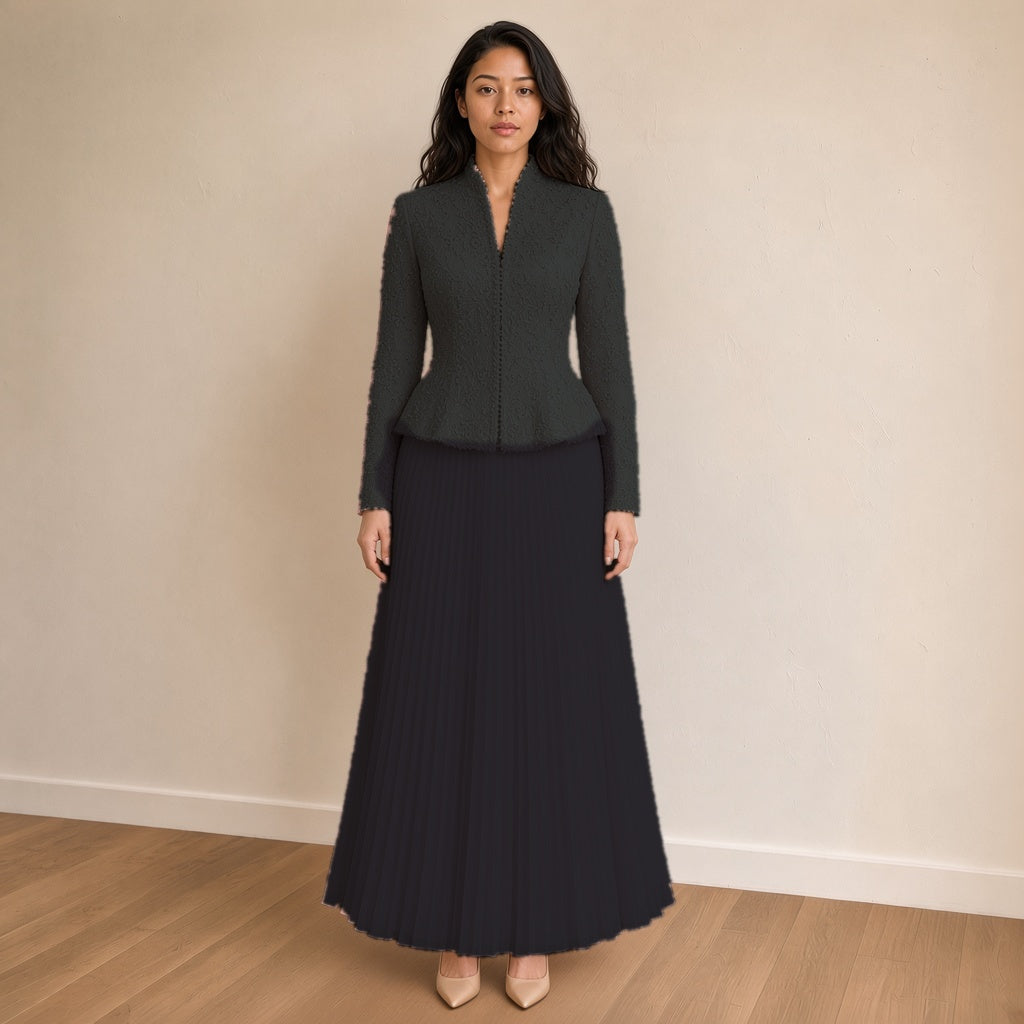 Ensemble veste cintrée en dentelle perlée et jupe longue plissée, noir, vue de face – SAKIWÉ