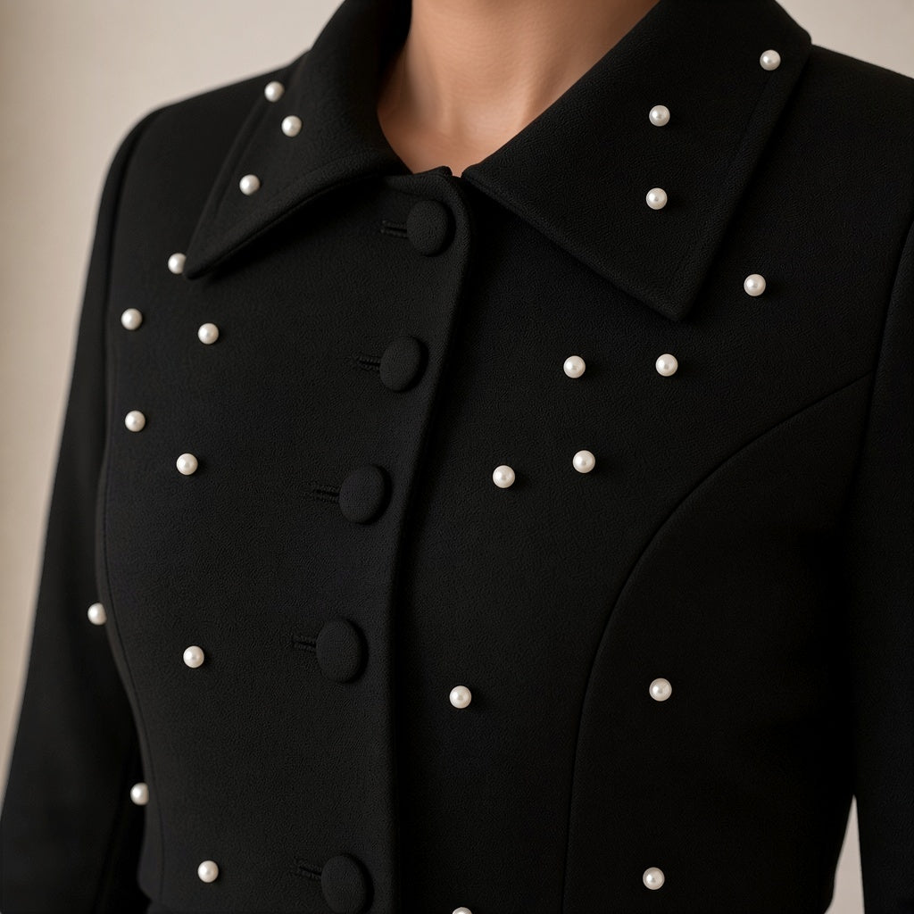 Ensemble veste courte perlée et jupe plissée taille haute, noir, détail du col et des perles – SAKIWÉ