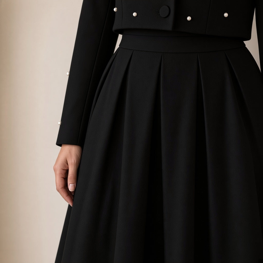 Ensemble veste courte perlée et jupe plissée taille haute, noir, détail de la taille haute et des plis de la jupe – SAKIWÉ