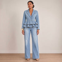 Ensemble veste en jean à basque et jean large, bleu jean, vue de face – SAKIWÉ