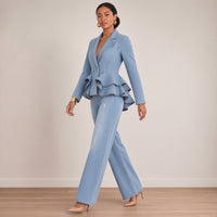 Ensemble veste en jean à basque et jean large, bleu jean, en marchant – SAKIWÉ
