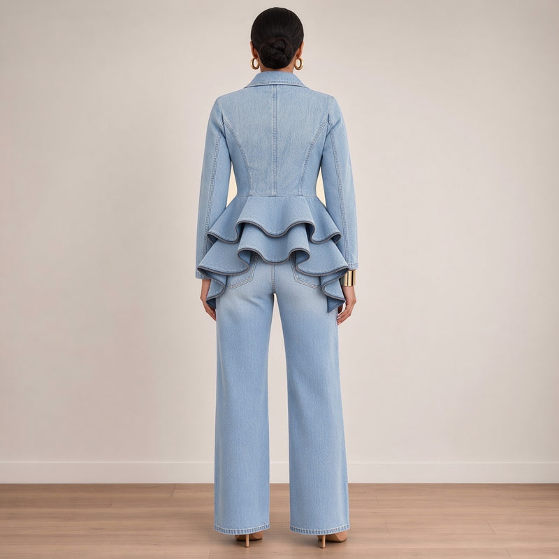 Ensemble veste en jean à basque et jean large, bleu jean, vue de dos – SAKIWÉ