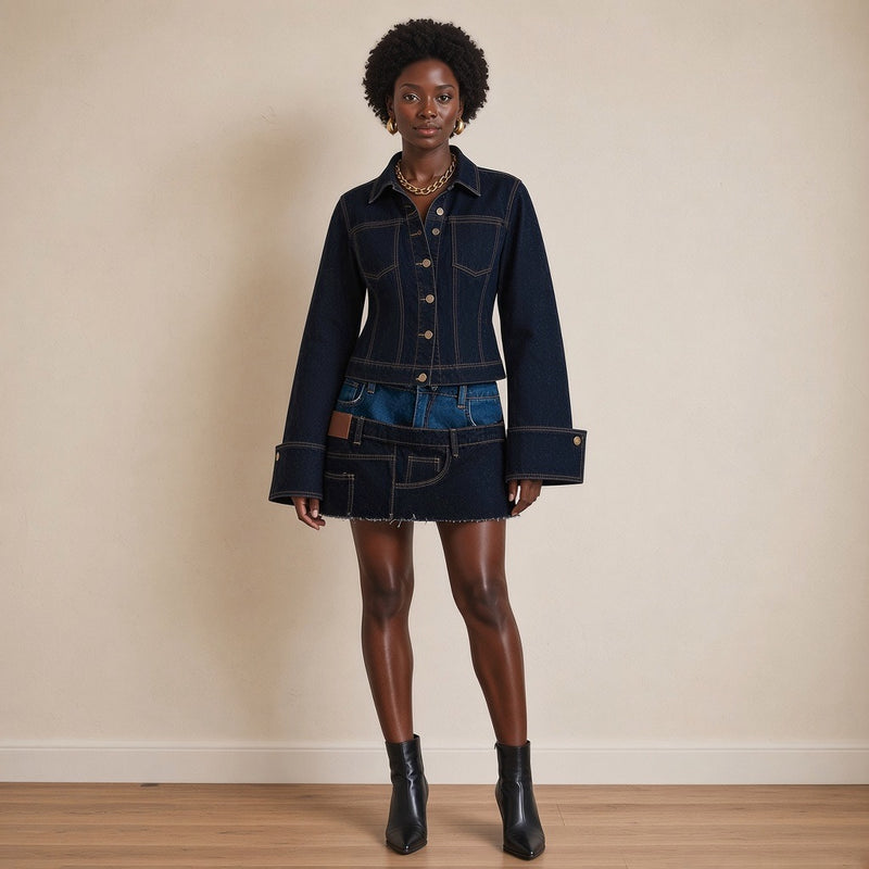 Ensemble veste en jean à manches évasées et mini-jupe, vue de face en pied – SAKIWÉ