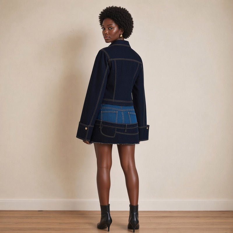 Ensemble veste en jean et mini-jupe double taille, vue de dos – SAKIWÉ