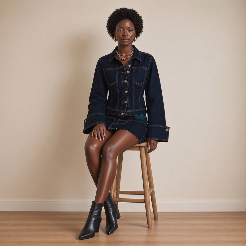 Ensemble veste en jean à manches évasées porté assise – SAKIWÉ