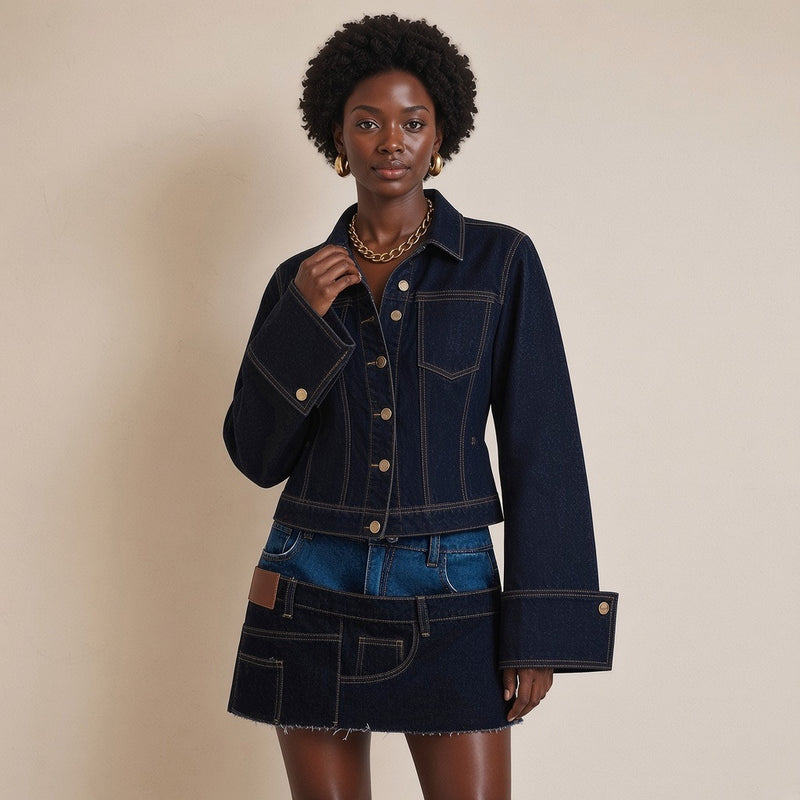 Veste en jean courte à col chemise et manches évasées, plan buste – SAKIWÉ