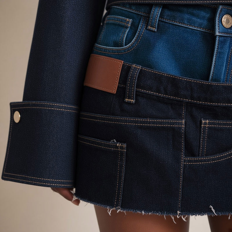 Détail de la double ceinture, de l'étiquette et du bas effrangé de la mini-jupe – SAKIWÉ