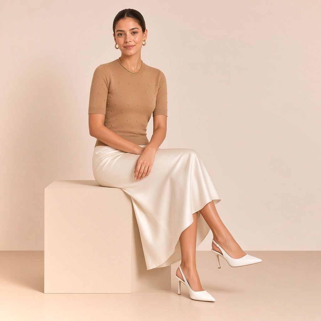 Escarpins slingback blancs à bout pointu SAKIWE : femme assise portant la paire, fond beige