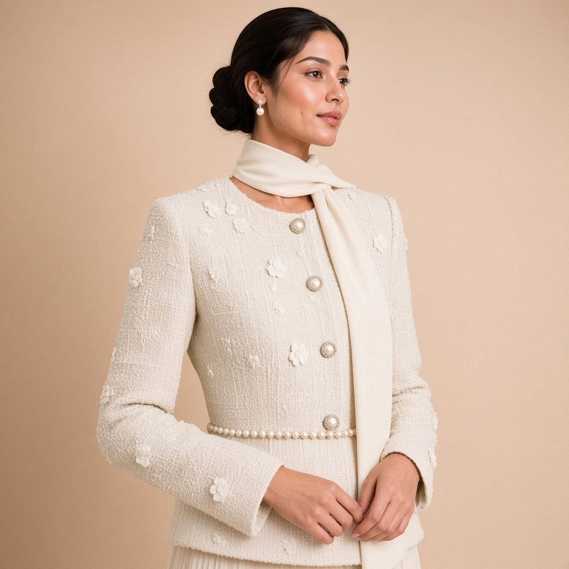 Ensemble ivoire – détail du tweed, des fleurs et de la ceinture de perles