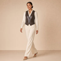 Gilet en cuir de mouton brun moka porté en marchant