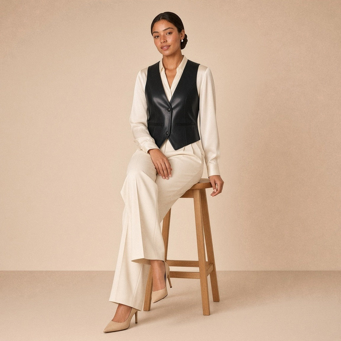 Gilet en cuir noir porté assise sur un tabouret