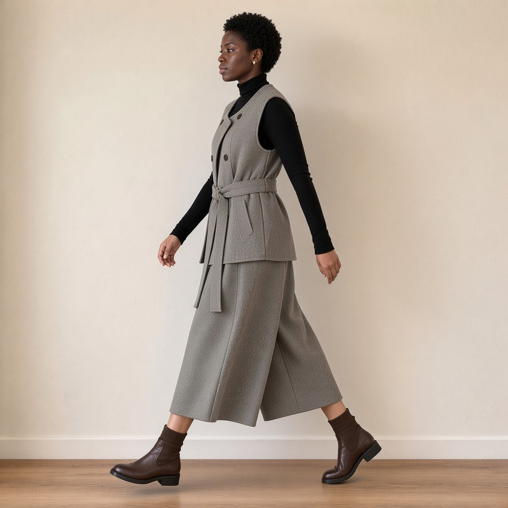 Gilet sans manches croisé ceinturé et pantacourt large, gris avoine, en marchant – SAKIWÉ
