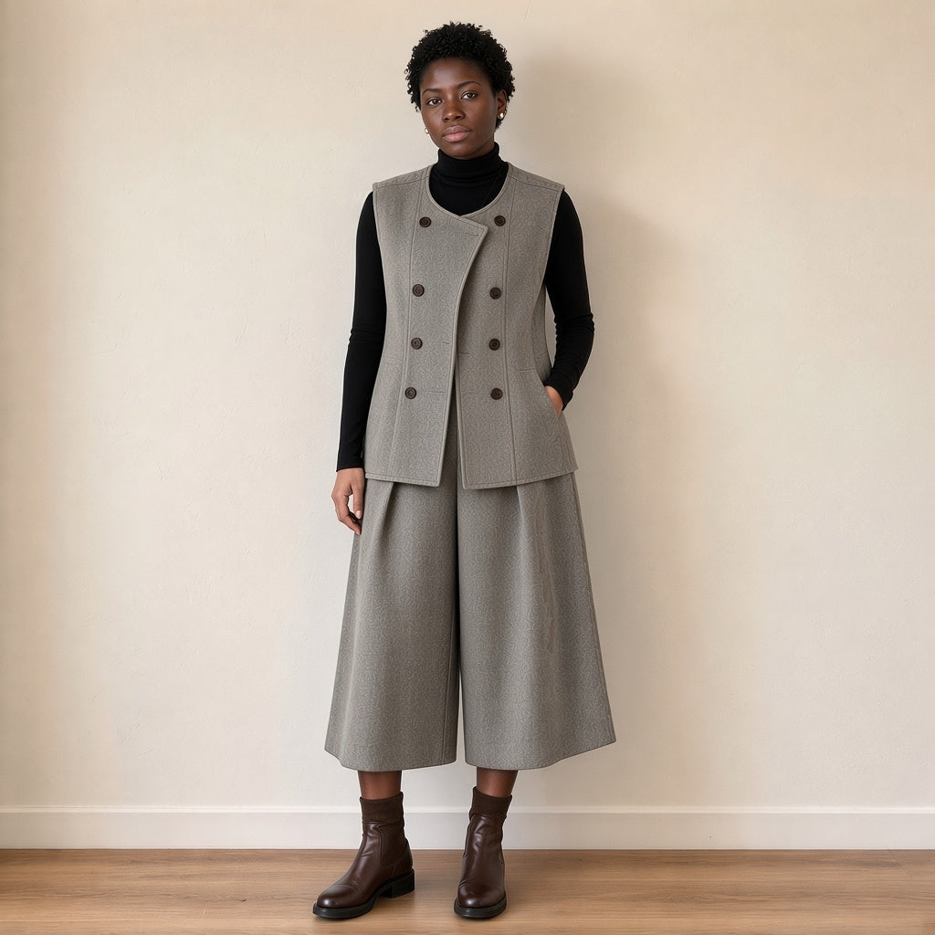 Gilet sans manches croisé ceinturé et pantacourt large, gris avoine, porté sans ceinture, main dans la poche – SAKIWÉ