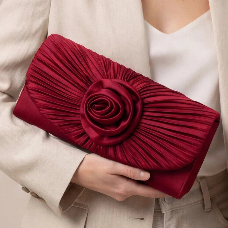 Pochette plissée noir rouge à fleur
