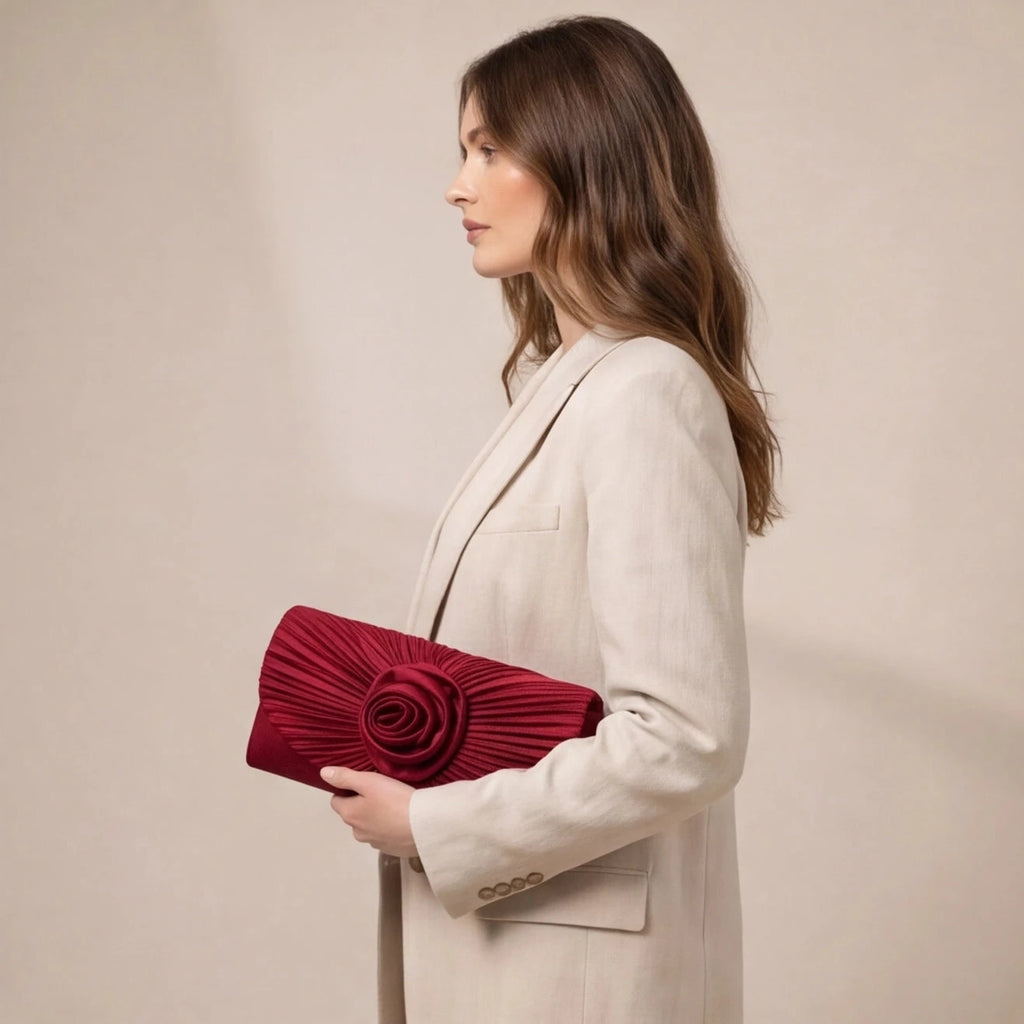 Pochette plissée noir rouge à fleur