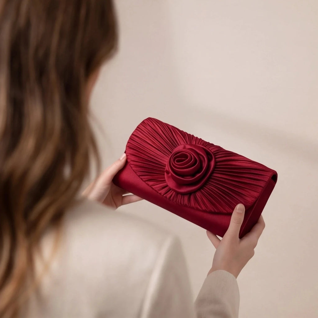 Pochette plissée noir rouge à fleur