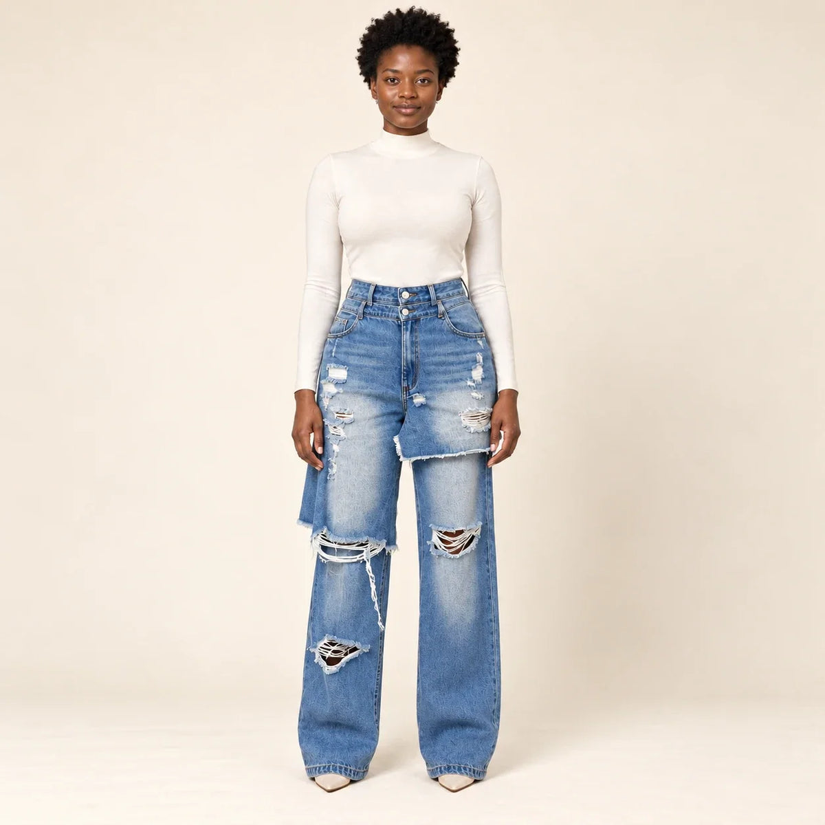 Jean ample bleu à panneau denim superposé, vue de face