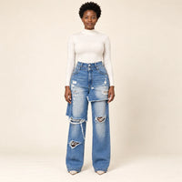 Jean ample bleu à panneau denim superposé, vue de face