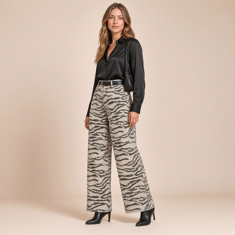 Jean large à motif animal – vue trois-quarts
