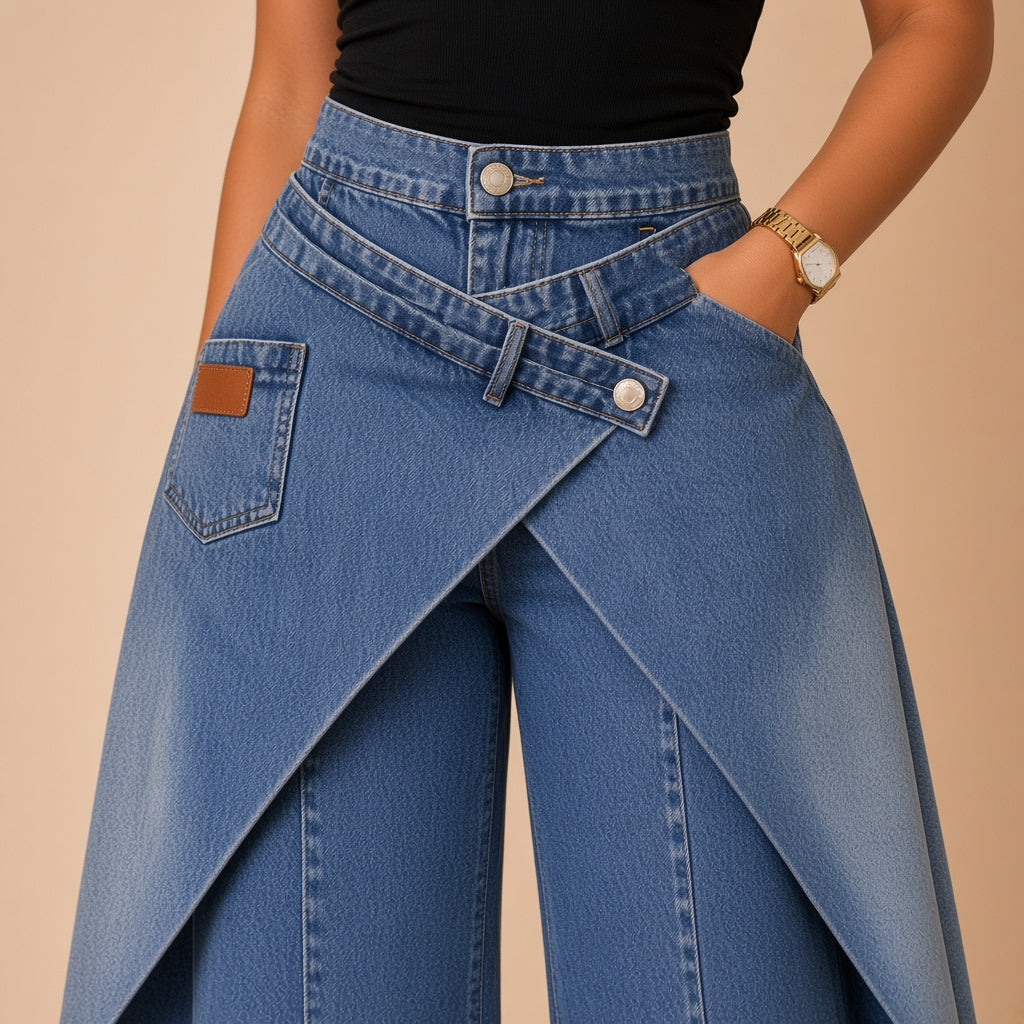 Détail de la patte de taille croisée et de la poche du jean ballon – SAKIWÉ
