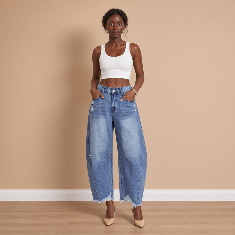 Jean barrel taille haute bleu effet usé, vue de face – SAKIWÉ