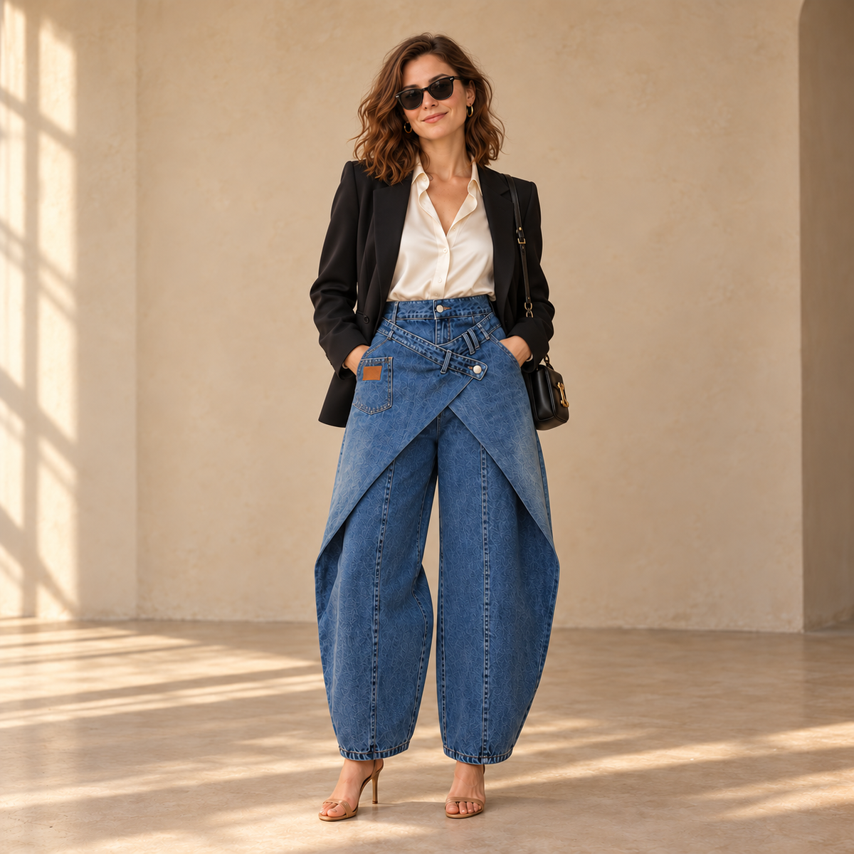 Jean cargo bleu porté avec veste noire, lunettes et sac