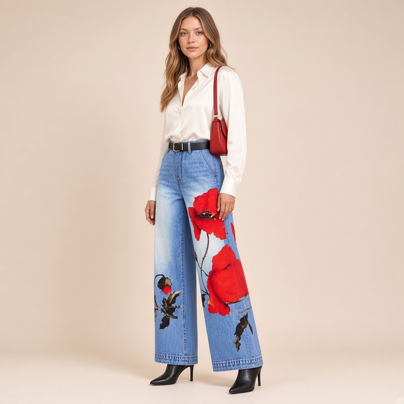Jean large à coquelicots rouges – vue trois-quarts