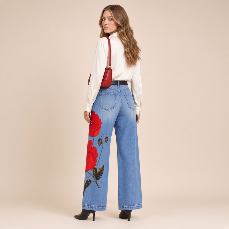 Jean large à coquelicots rouges – vue de dos