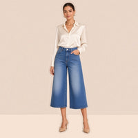 Jean corsaire large taille haute en denim délavé, bleu ou noir