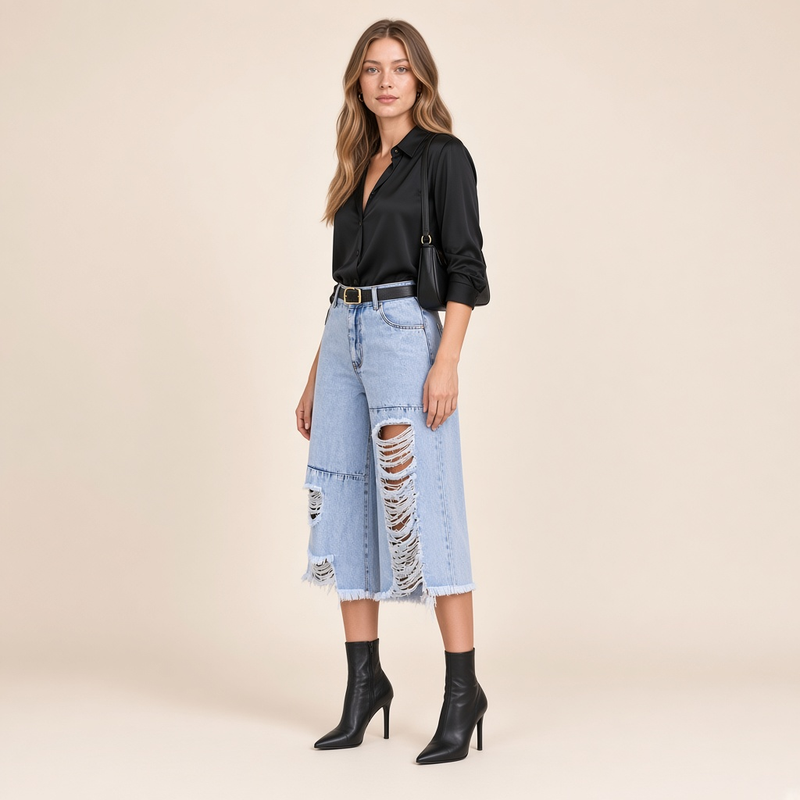 Jean mi-court style destroy – vue trois-quarts