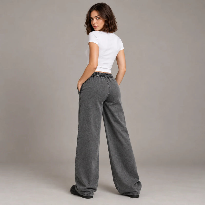 Jean droit gris délavé à taille élastique, vue de dos