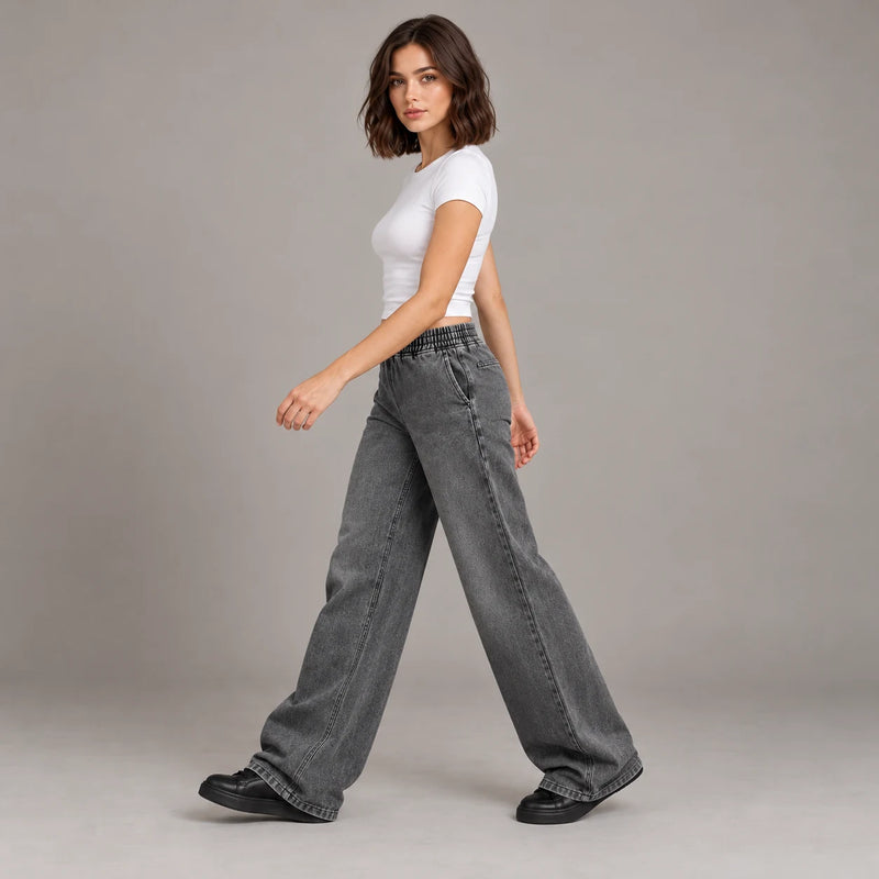 Jean droit gris délavé à taille élastique, vue de profil