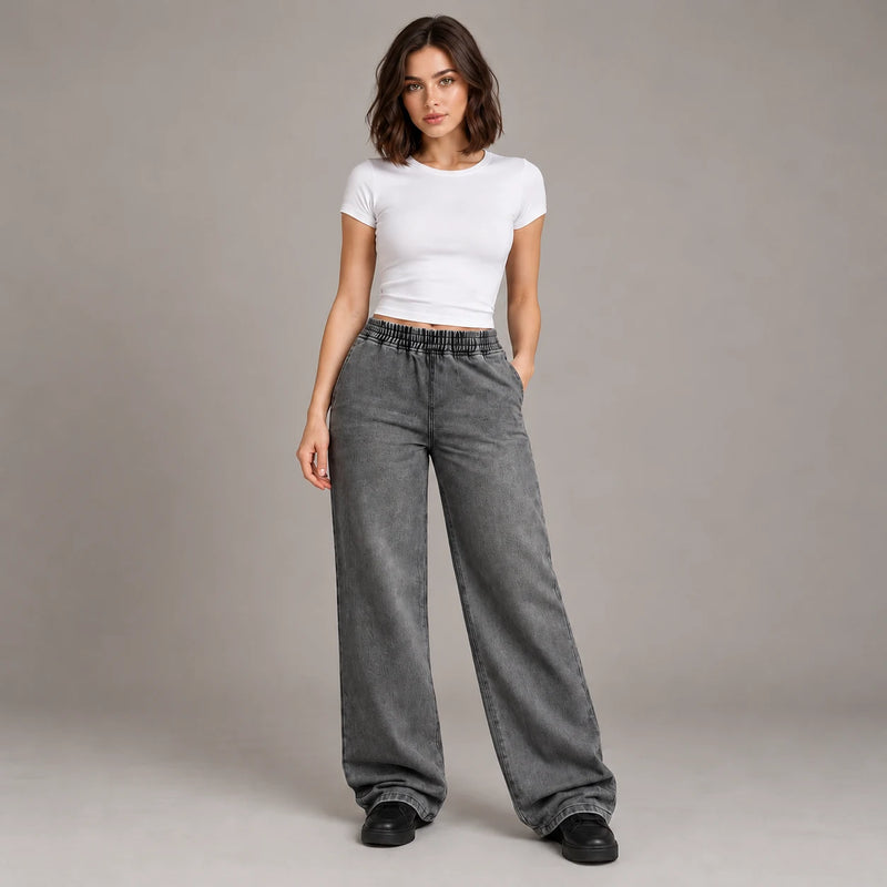 Jean droit gris délavé à taille élastique, vue trois quarts