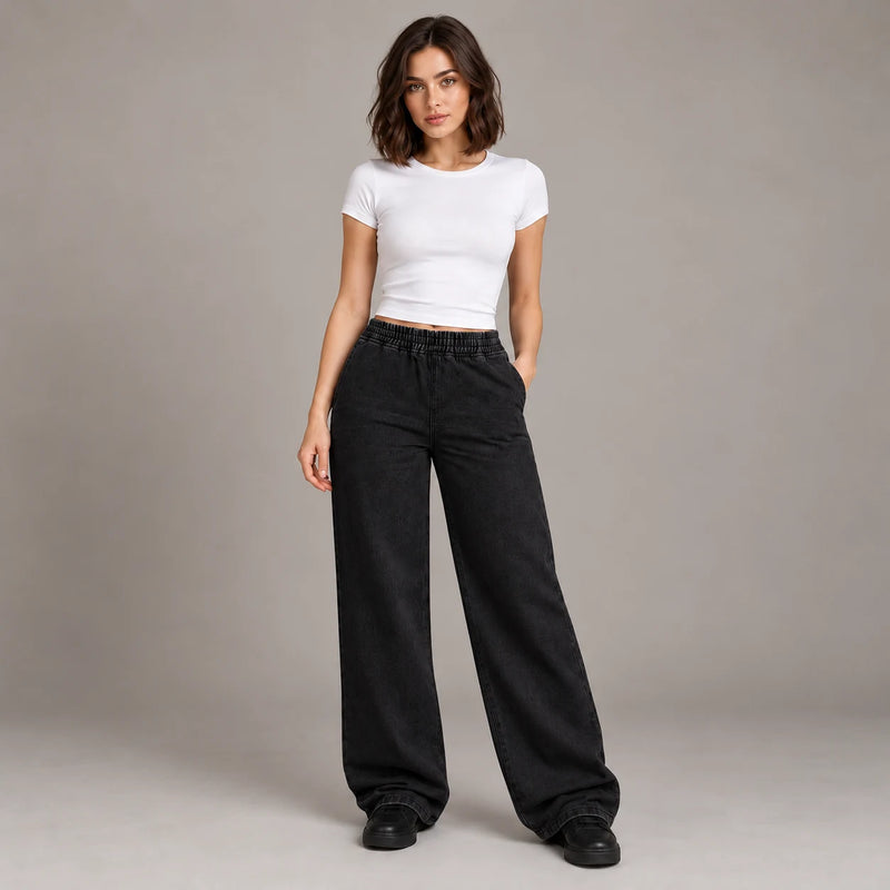 Jean droit noir à taille élastique, vue de face