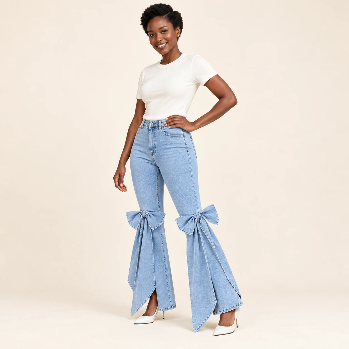 Jean bleu clair légèrement évasé avec nœuds oversize, vue trois quarts