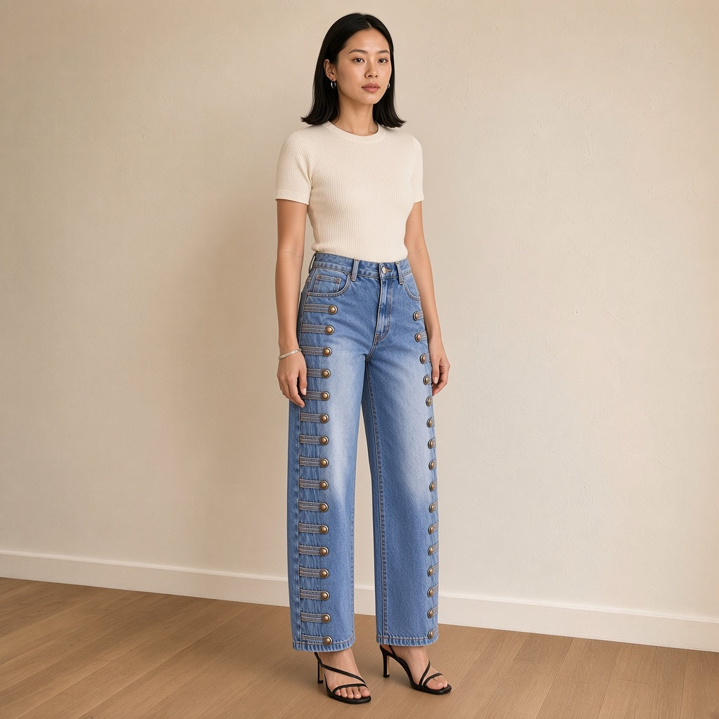 Jean large bleu à boutons, vue de trois-quarts – SAKIWÉ
