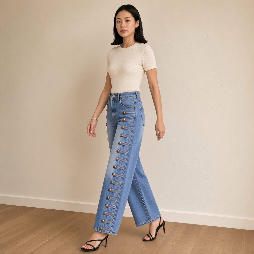 Jean large bleu à boutons porté en marchant – SAKIWÉ