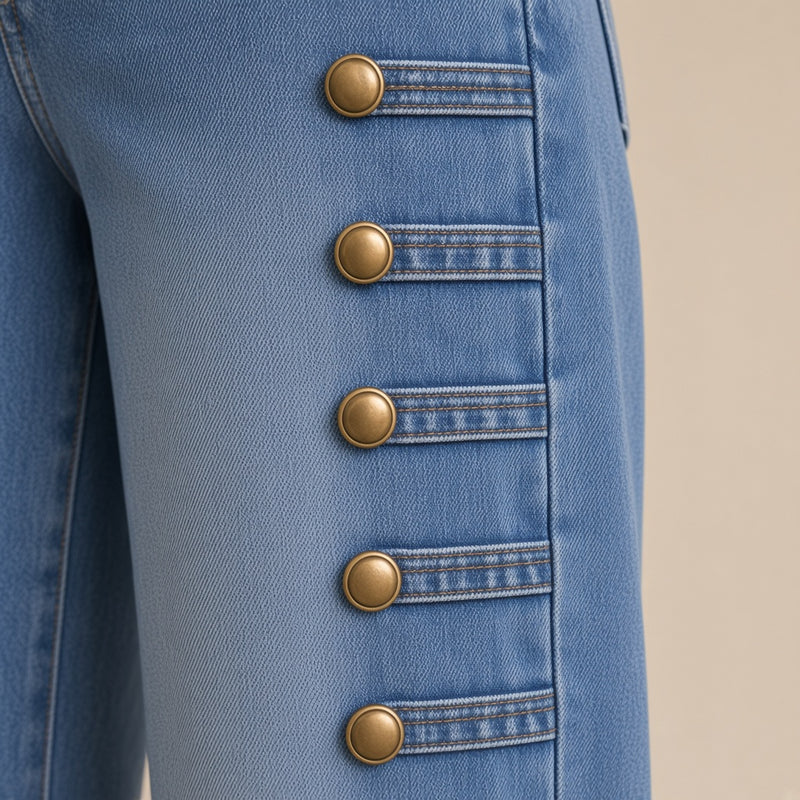 Détail des boutons laiton sur pattes du jean – SAKIWÉ